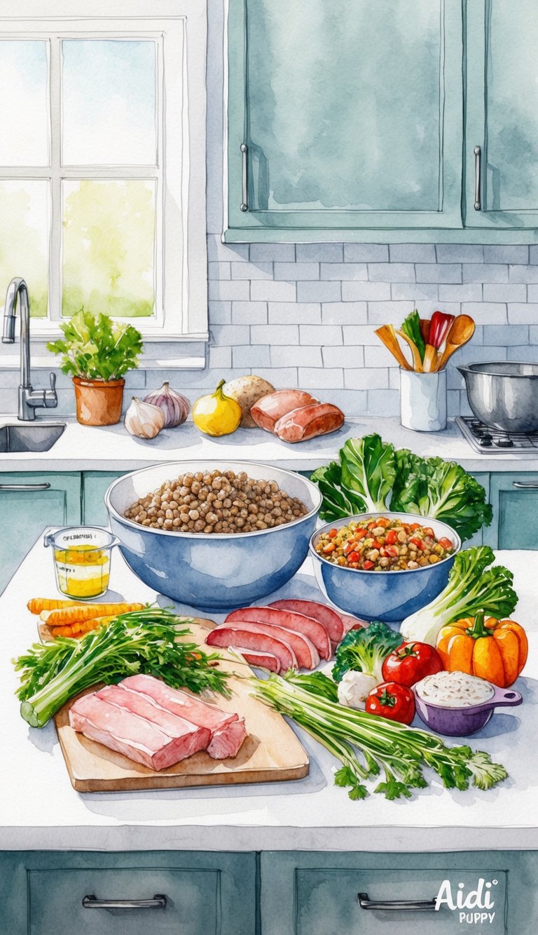 Aidi puppy food ingredients arranged on a clean kitchen counter, with a mixing bowl, measuring cups, and various fresh vegetables and meats