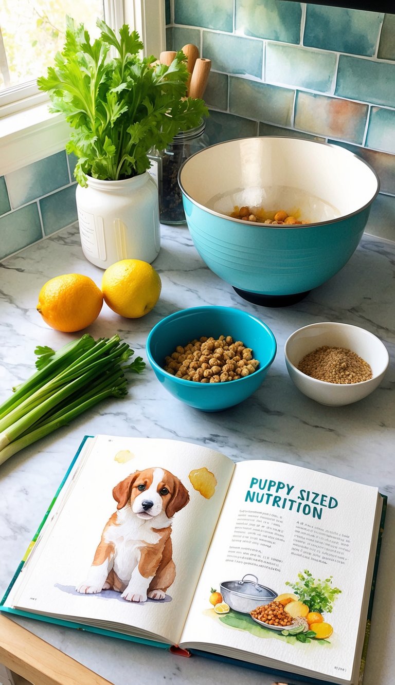 A kitchen counter with fresh ingredients, a mixing bowl, and a puppy-sized food bowl. A cookbook open to a page on puppy nutrition sits nearby
