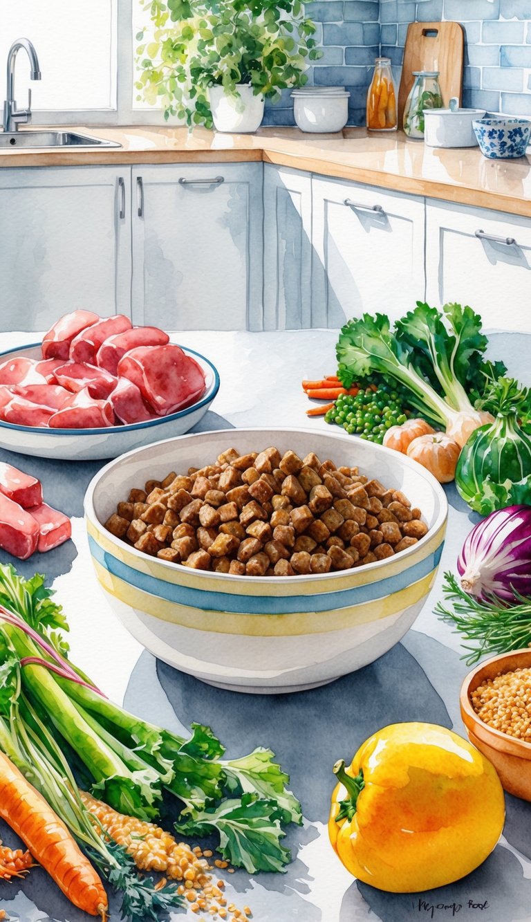 A bowl of freshly prepared, balanced puppy food sits on a clean kitchen counter, surrounded by colorful and healthy ingredients like lean meat, vegetables, and grains