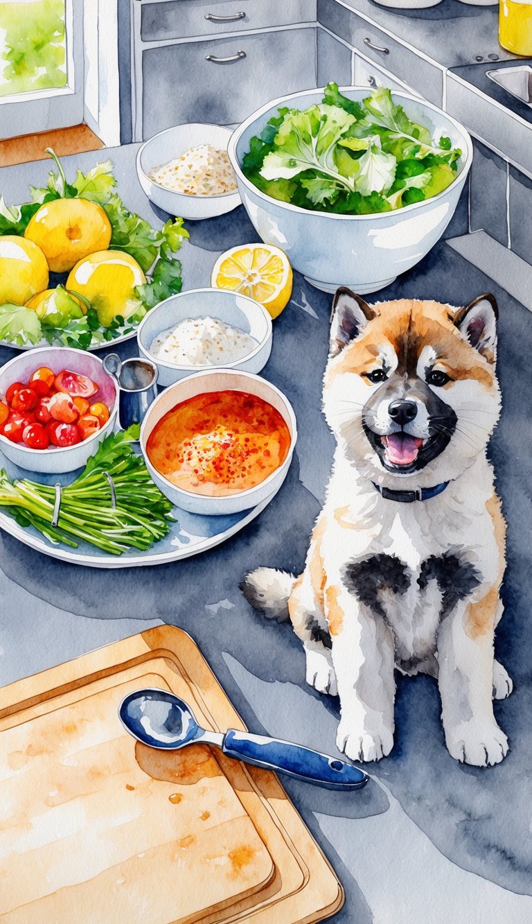 A kitchen counter with bowls of fresh ingredients, a cutting board, and a mixing spoon. A happy Akita Inu puppy eagerly waits nearby