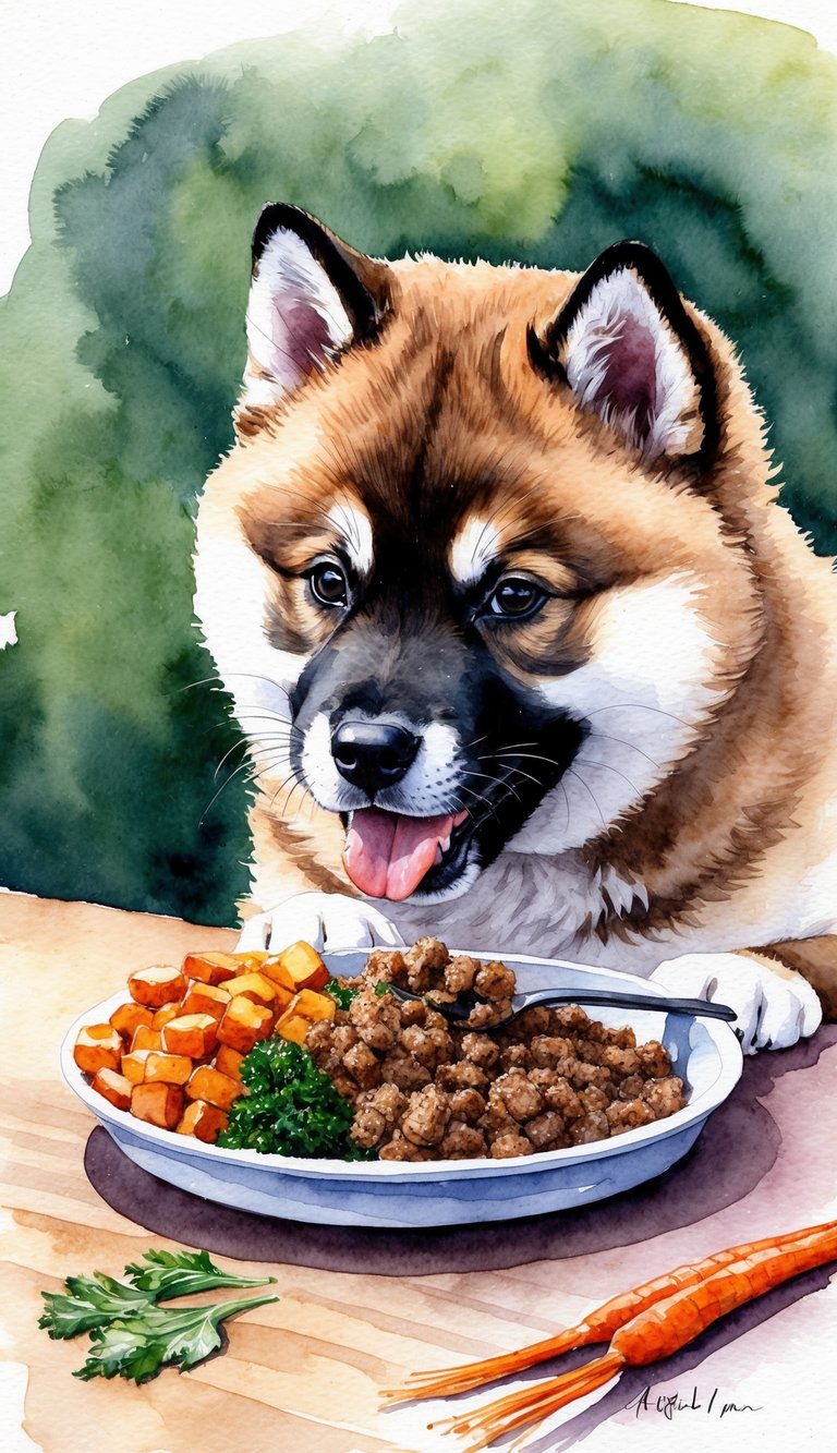 An Akita Inu puppy eagerly eats a homemade meal of nutritious food