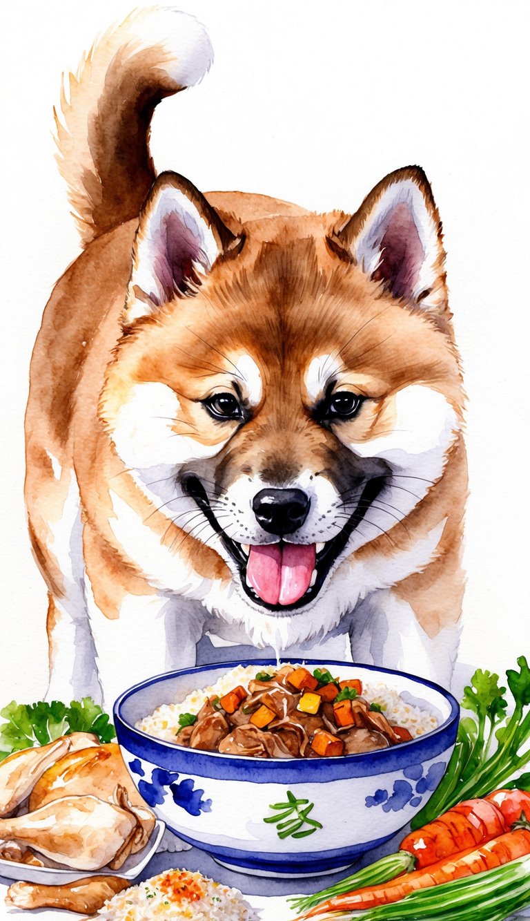 A smiling Akita Inu puppy eagerly eats from a bowl of homemade food, surrounded by fresh ingredients like chicken, rice, and vegetables
