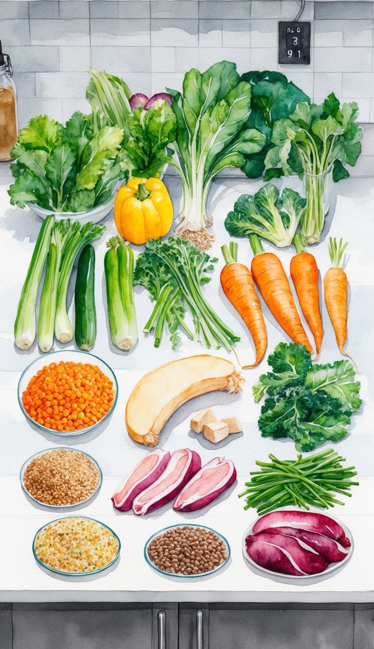 Fresh vegetables, grains, and protein arranged on a clean kitchen counter for homemade Akita Inu puppy food