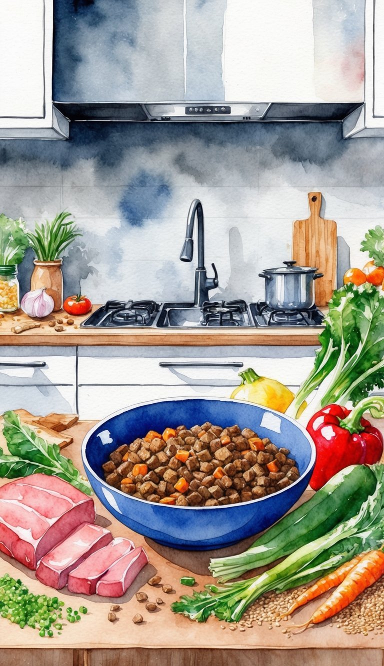 A bowl of homemade puppy food sits on a kitchen counter, surrounded by fresh ingredients like lean meat, vegetables, and grains