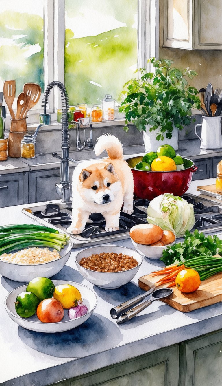 A kitchen counter with fresh ingredients and cooking utensils for preparing homemade Akita Inu puppy food