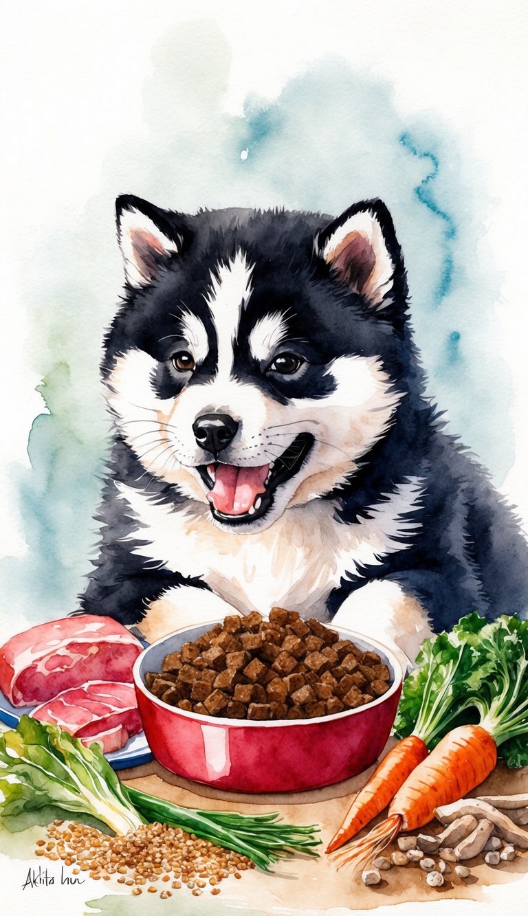 A playful Akita Inu puppy eagerly devours a bowl of homemade dog food, surrounded by fresh ingredients like meat, vegetables, and grains