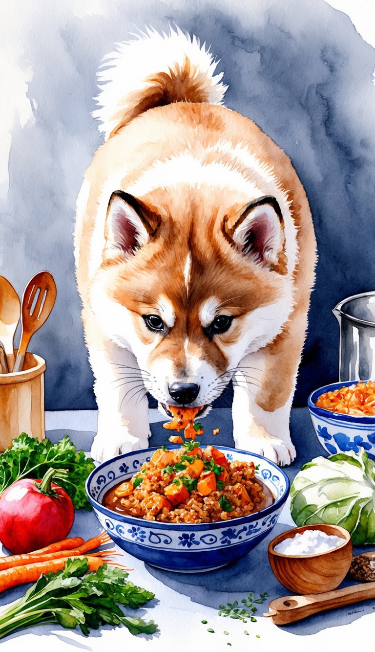 An Akita Inu puppy eagerly eats from a bowl of homemade food, surrounded by fresh ingredients and cooking utensils