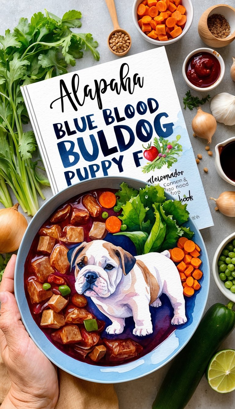 A bowl of homemade Alapaha Blue Blood Bulldog puppy food surrounded by fresh ingredients and a lovingly crafted recipe book