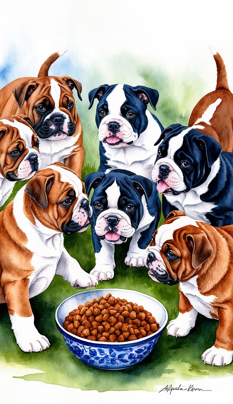 A group of Alapaha Blue Blood Bulldog puppies eagerly gather around a bowl of homemade puppy food, their tails wagging with excitement