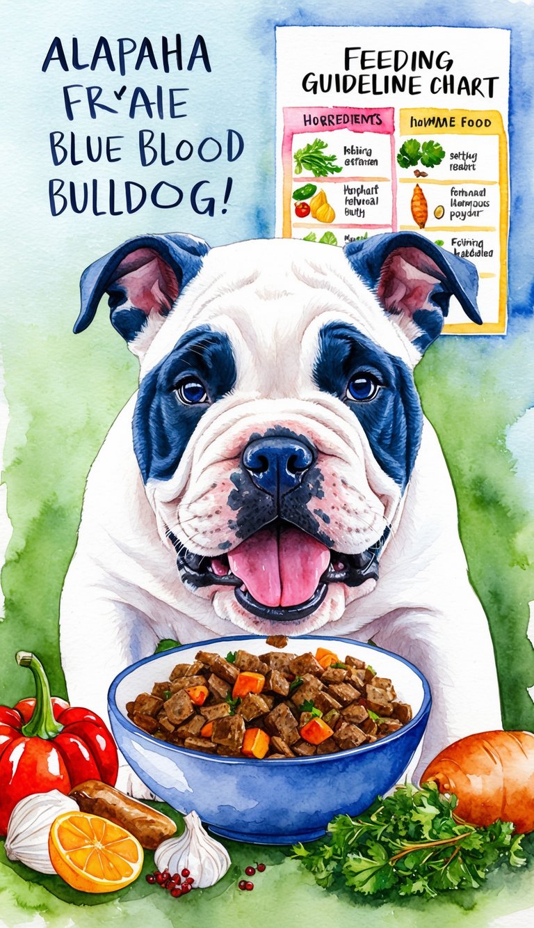 A smiling Alapaha Blue Blood Bulldog puppy eagerly eating from a bowl of homemade food, surrounded by fresh ingredients and a feeding guideline chart