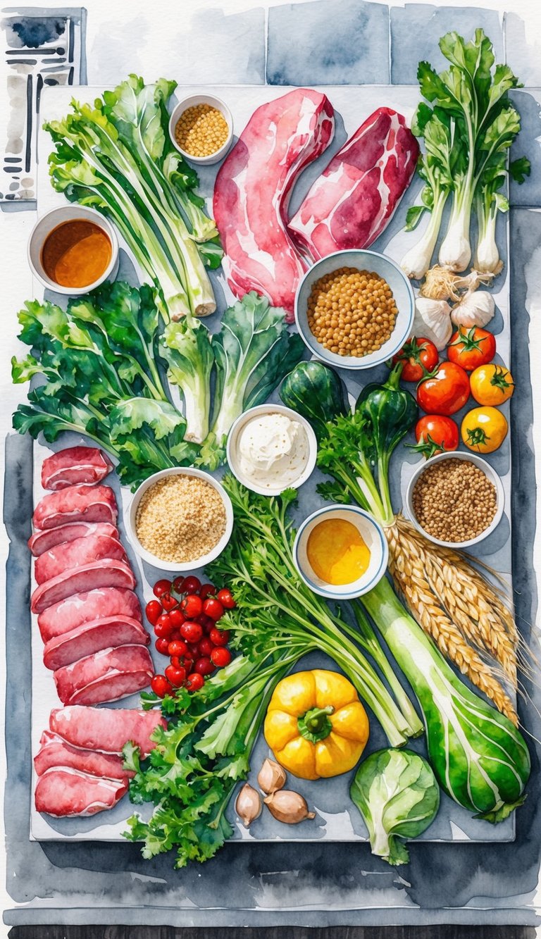 A colorful array of fresh ingredients, including meat, vegetables, and grains, spread out on a kitchen counter, ready to be prepared into homemade Alaskan Klee Kai puppy food