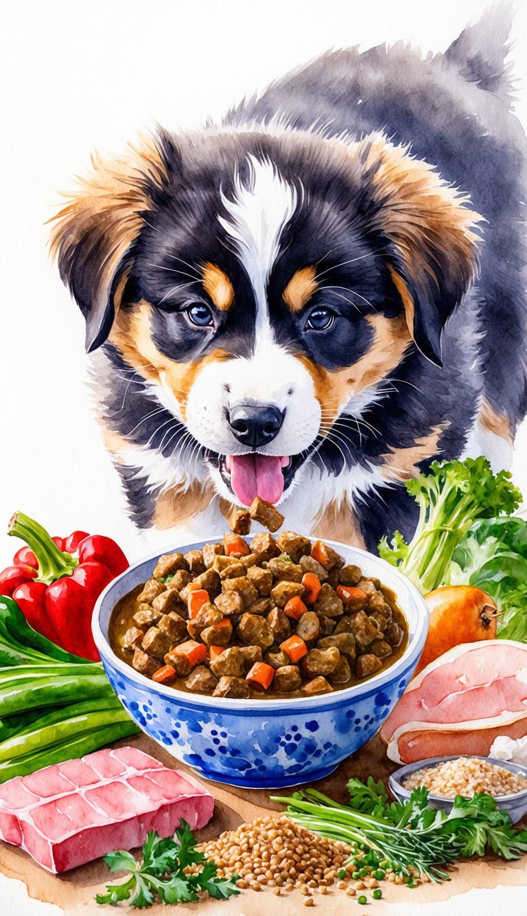 An Alaskan Klee Kai puppy eagerly eats from a bowl of homemade food, surrounded by fresh ingredients like lean meats, vegetables, and grains