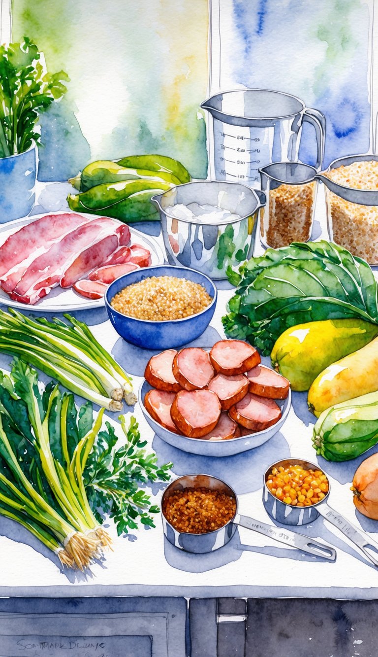 A variety of fresh meats, vegetables, and grains laid out on a kitchen counter. A small bowl and measuring cups are ready for portioning