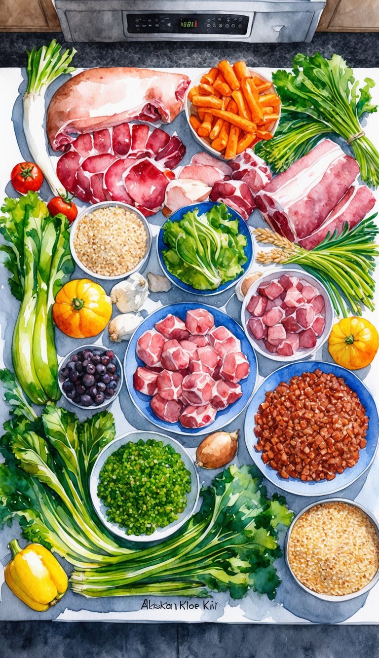 A colorful array of fresh meats, vegetables, and grains spread out on a kitchen counter, ready to be prepared into a nutritious homemade meal for an Alaskan Klee Kai puppy