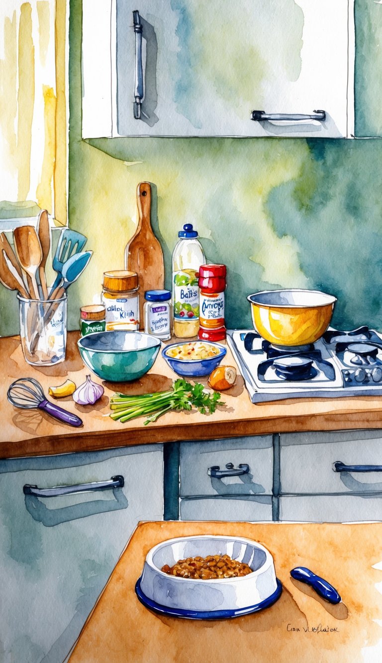 A small kitchen with various ingredients and cooking utensils laid out on the counter, with a mixing bowl and a puppy-sized feeding dish ready for preparation