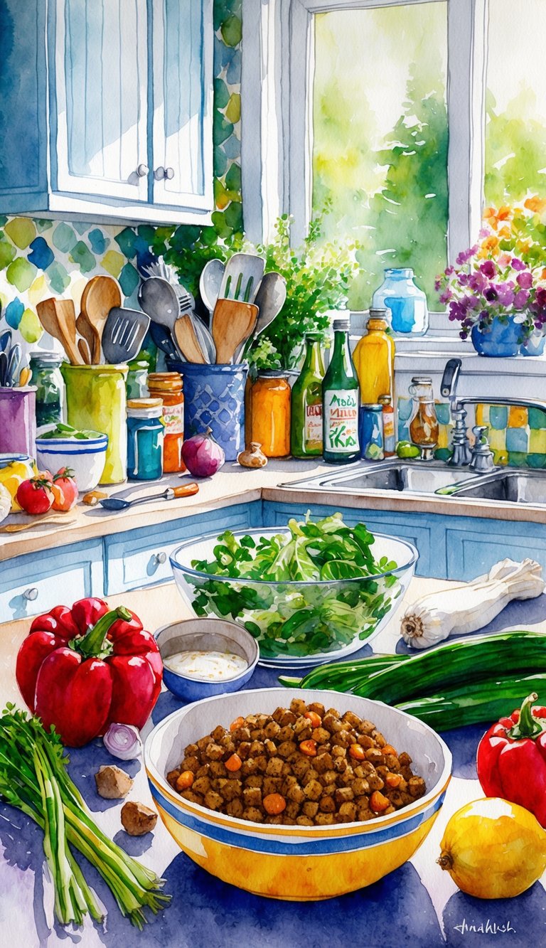 A colorful kitchen counter filled with fresh ingredients and cooking utensils, with a bowl of homemade Alaskan Klee Kai puppy food being prepared