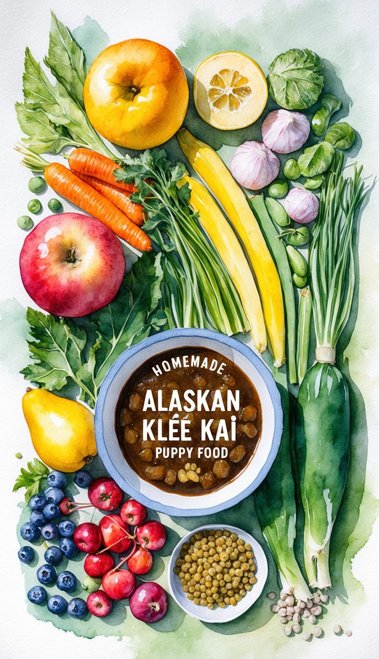 A variety of fresh fruits, vegetables, and supplements arranged around a mixing bowl filled with homemade Alaskan Klee Kai puppy food