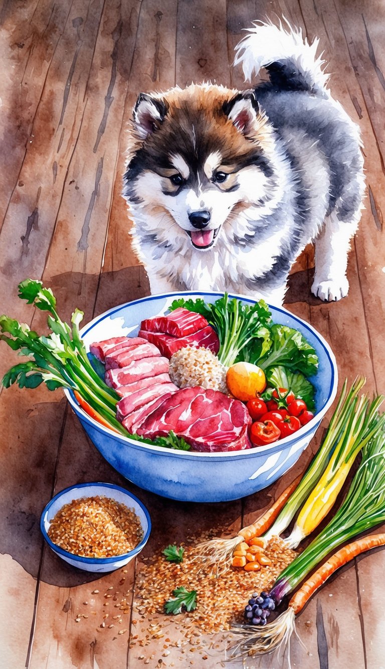 A bowl filled with fresh, raw meat, vegetables, and grains sits on a rustic wooden floor, surrounded by a fluffy Alaskan Malamute puppy eagerly awaiting its homemade meal
