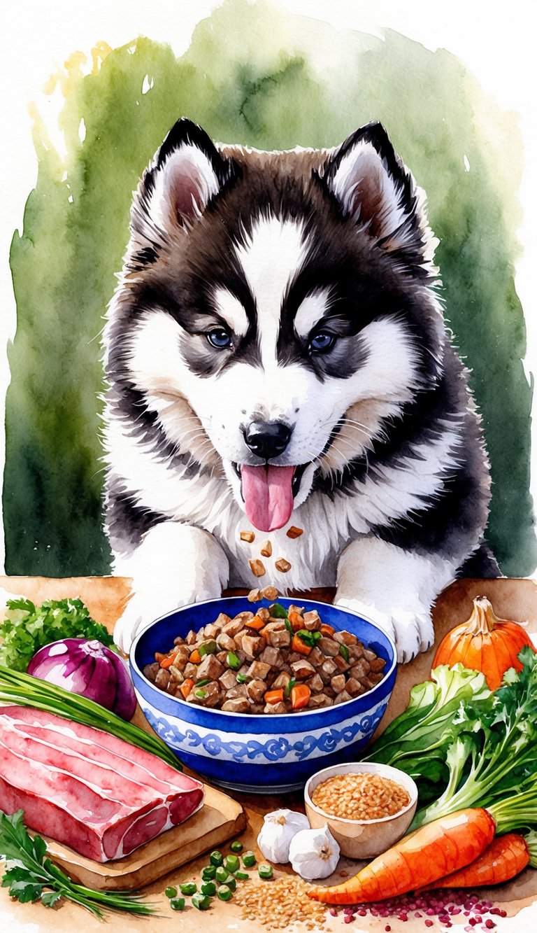 An Alaskan Malamute puppy eagerly eats from a bowl of homemade food, surrounded by fresh ingredients like meat, vegetables, and grains