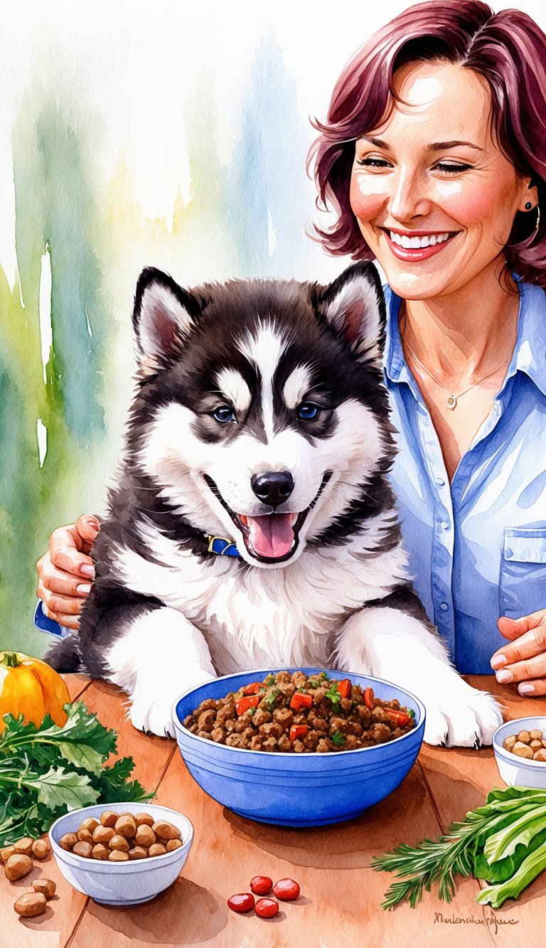 A smiling Alaskan Malamute puppy eagerly eating a bowl of balanced homemade dog food, surrounded by fresh ingredients and a happy, attentive owner