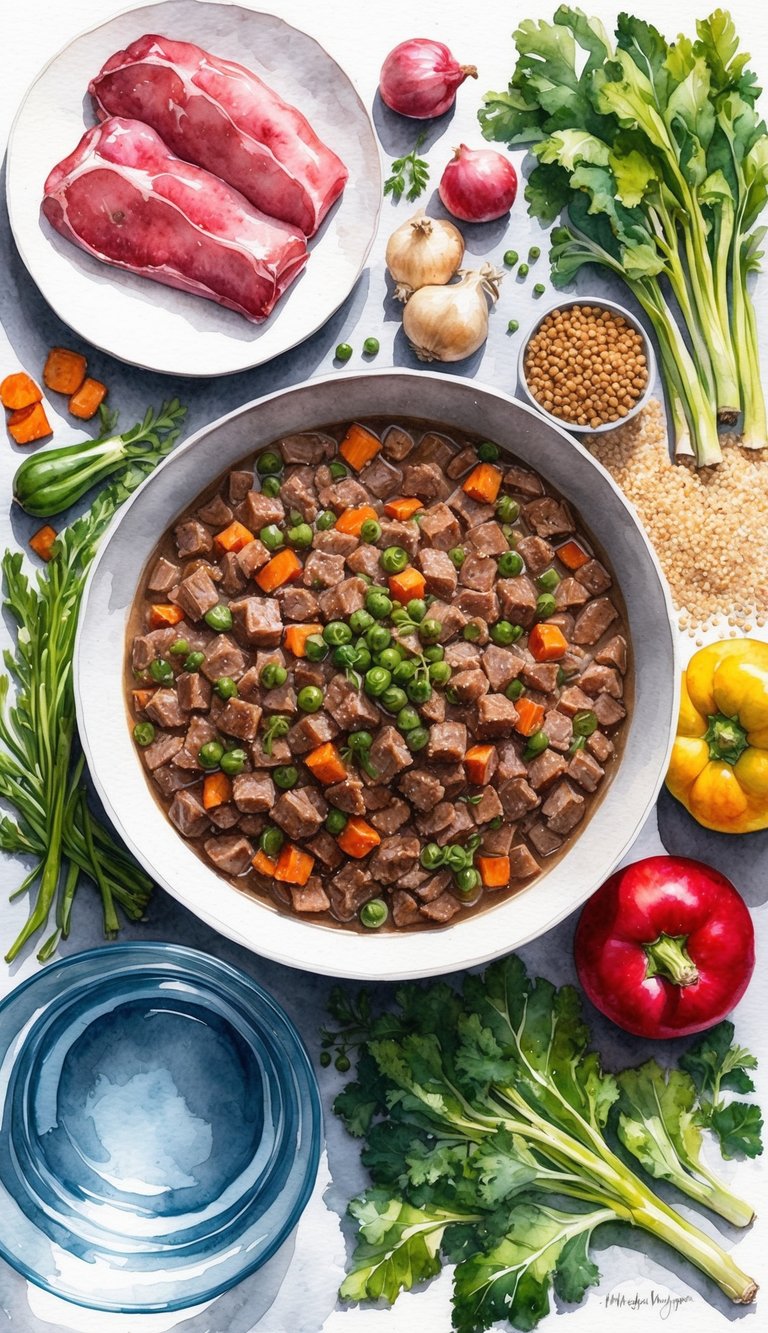 A bowl of homemade Alaskan Malamute puppy food surrounded by fresh ingredients like meat, vegetables, and grains, with a water bowl nearby