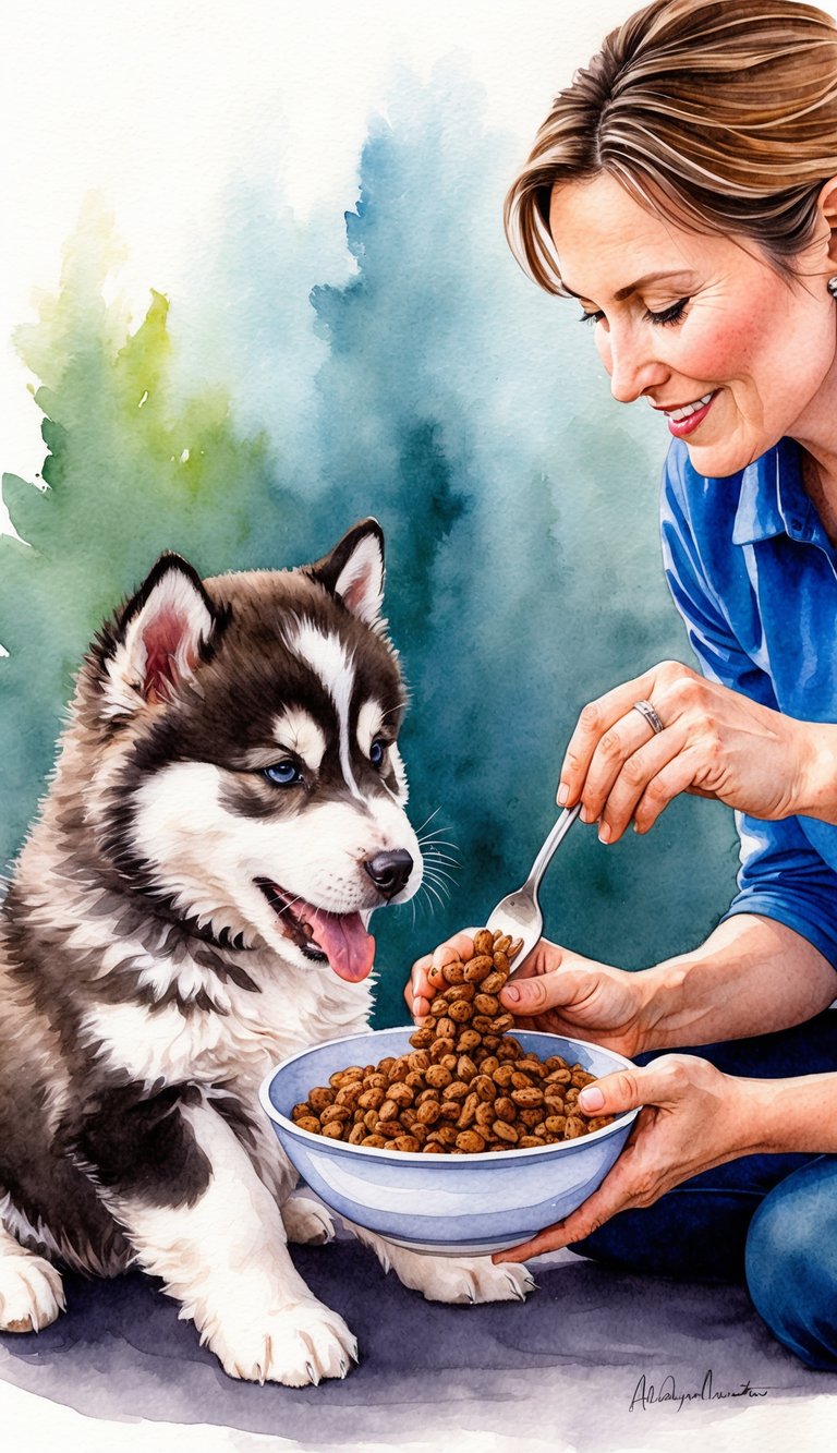 An Alaskan Malamute puppy eagerly eats a bowl of homemade food, while a caring owner adjusts the meal to meet the breed's special dietary needs