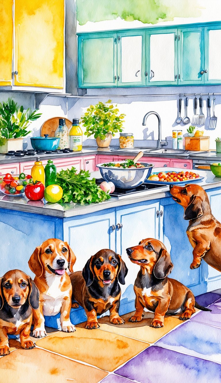 A colorful kitchen counter with fresh ingredients and a mixing bowl, surrounded by happy Alpine Dachsbracke puppies eagerly waiting for their homemade food