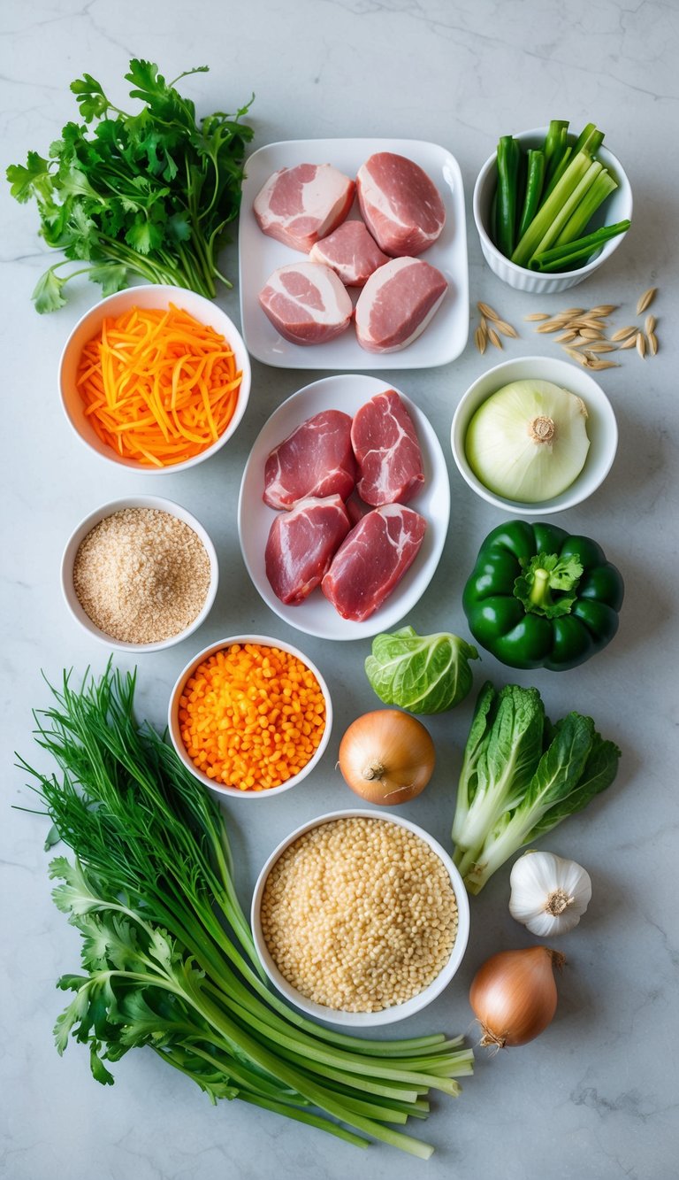 A colorful array of fresh ingredients, including lean meats, vegetables, and grains, arranged on a clean kitchen counter