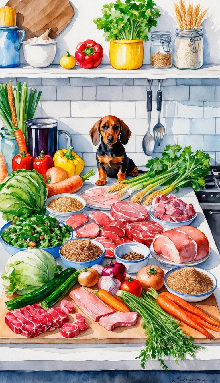 A colorful array of fresh meats, vegetables, and grains spread out on a kitchen counter, ready to be mixed and prepared into a homemade meal for an Alpine Dachsbracke puppy