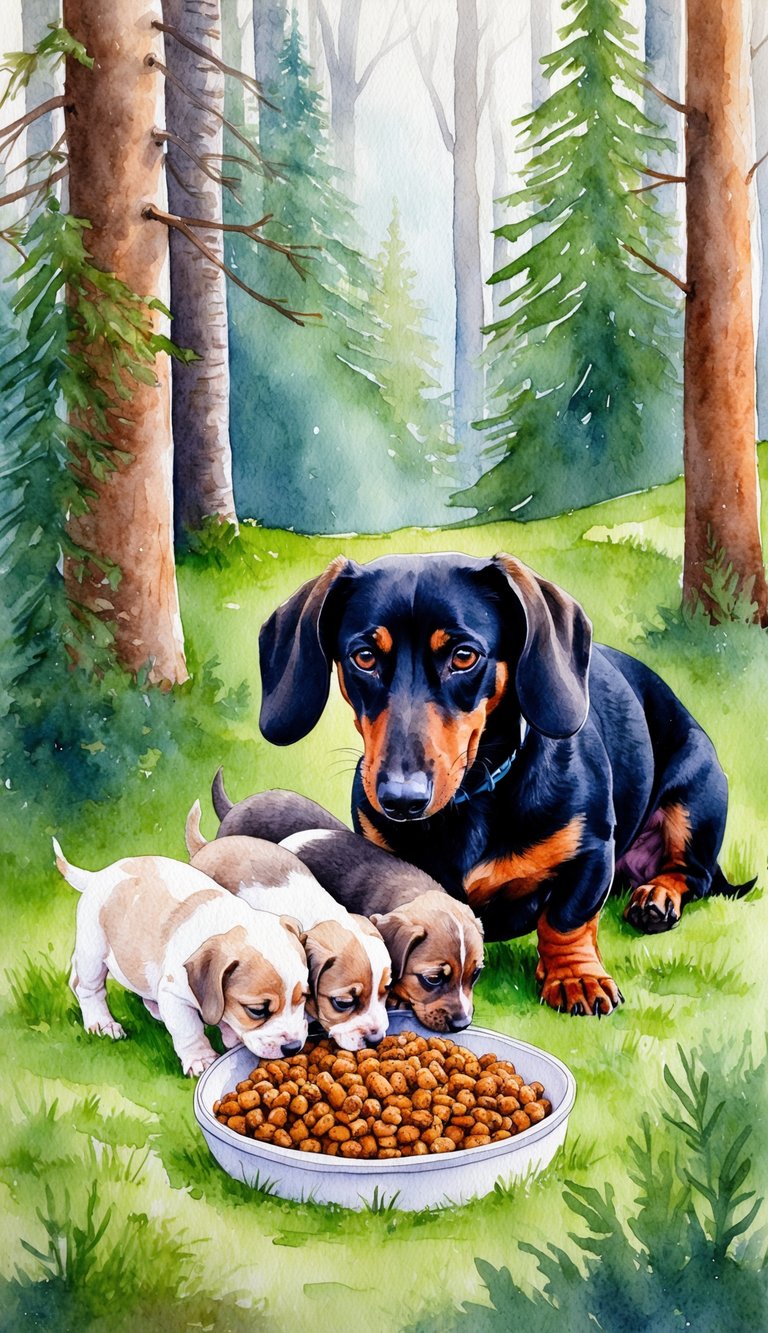 A pregnant Alpine Dachsbracke dog eats homemade puppy food while nursing her puppies in a cozy, wooded alpine setting