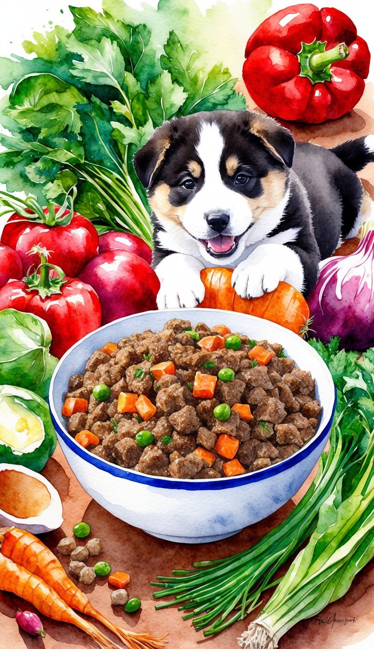 A bowl of homemade American Akita puppy food surrounded by fresh ingredients and a playful Akita puppy eagerly waiting to eat