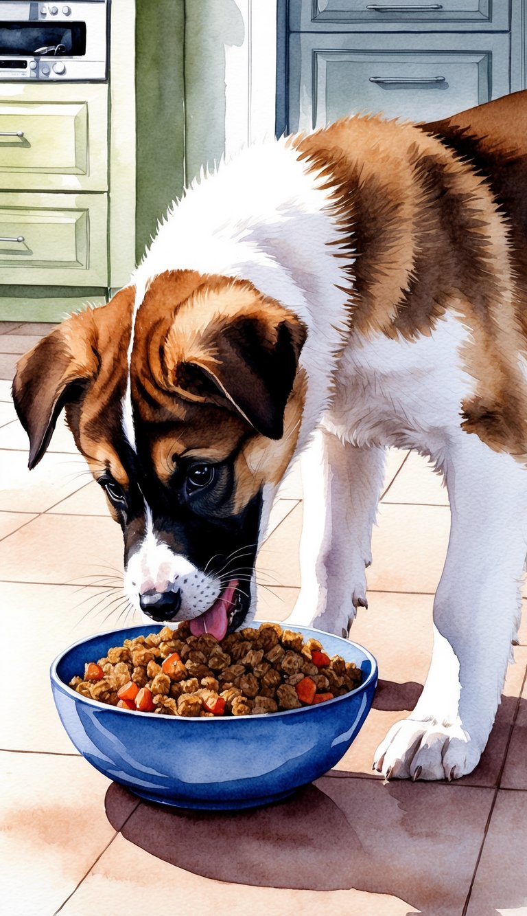 An American Akita puppy eagerly eating a homemade meal of nutritious food from a bowl on a clean, well-lit kitchen floor