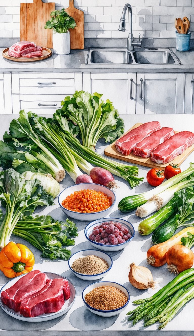 A variety of fresh ingredients spread out on a clean kitchen counter, including raw meat, vegetables, and grains, ready to be prepared into homemade American Akita puppy food