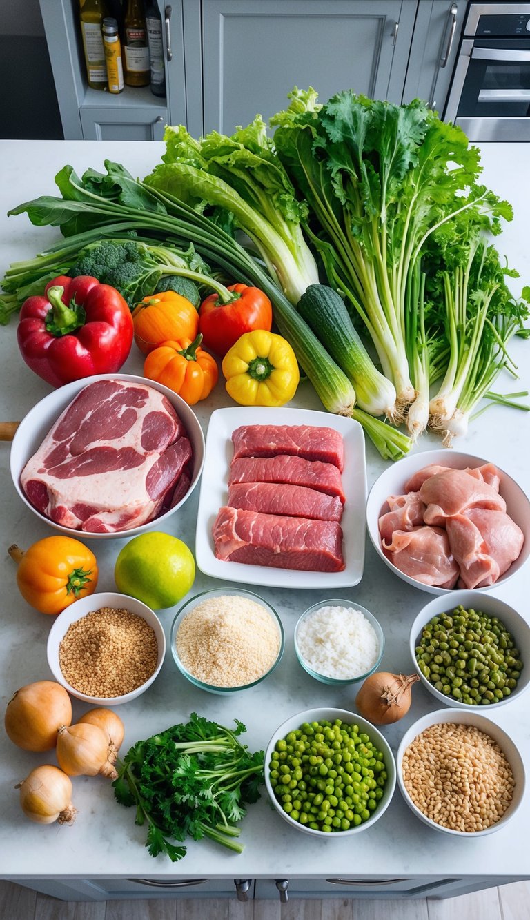 A colorful array of fresh ingredients, including meat, vegetables, and grains, laid out on a clean kitchen counter, ready to be prepared into homemade American Akita puppy food