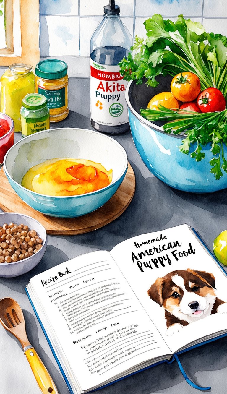A kitchen counter with fresh ingredients, a mixing bowl, and a recipe book open to "Homemade American Akita Puppy Food."