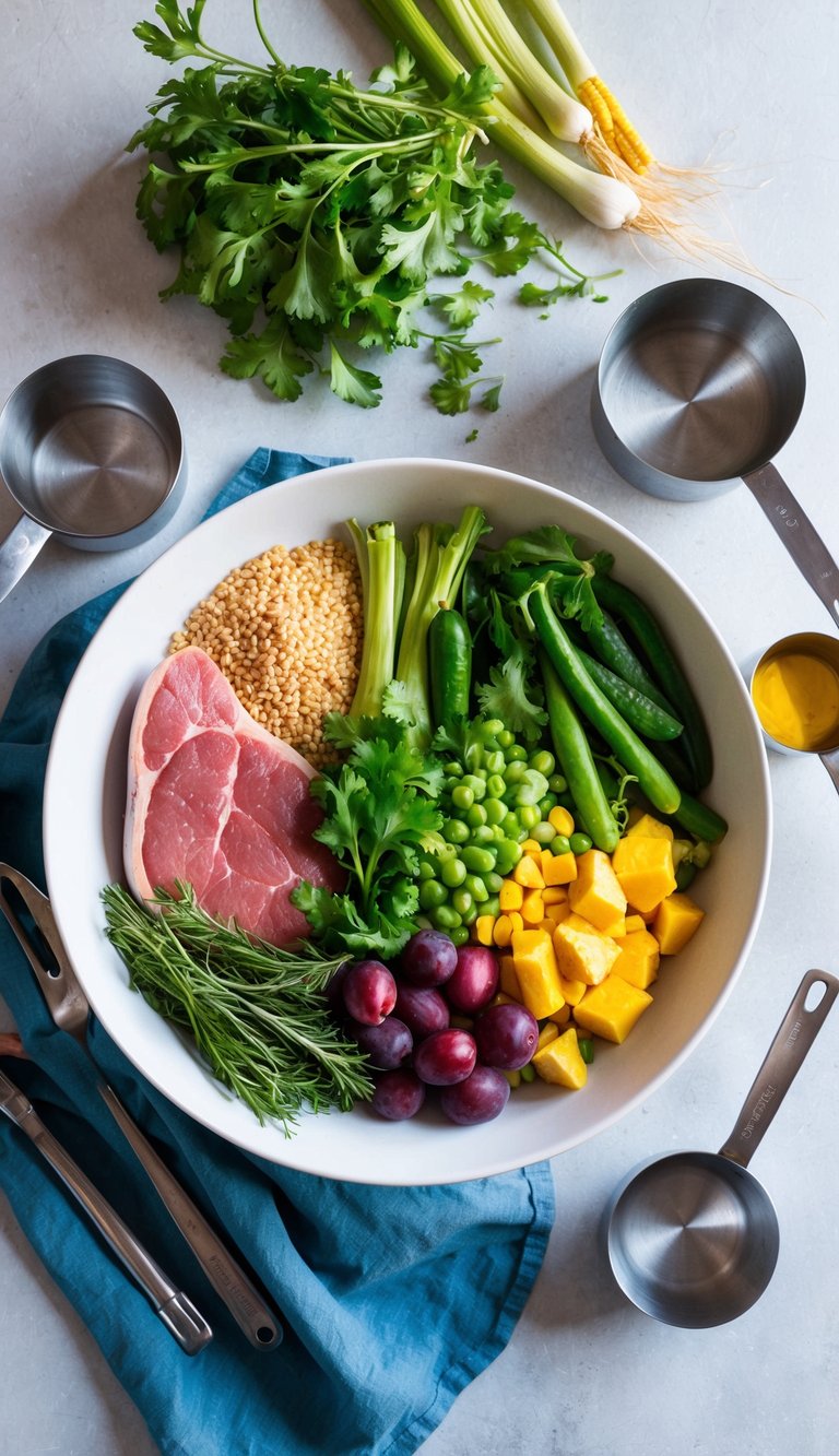 A bowl filled with a variety of fresh, whole ingredients, including meat, vegetables, and grains, surrounded by measuring cups and utensils