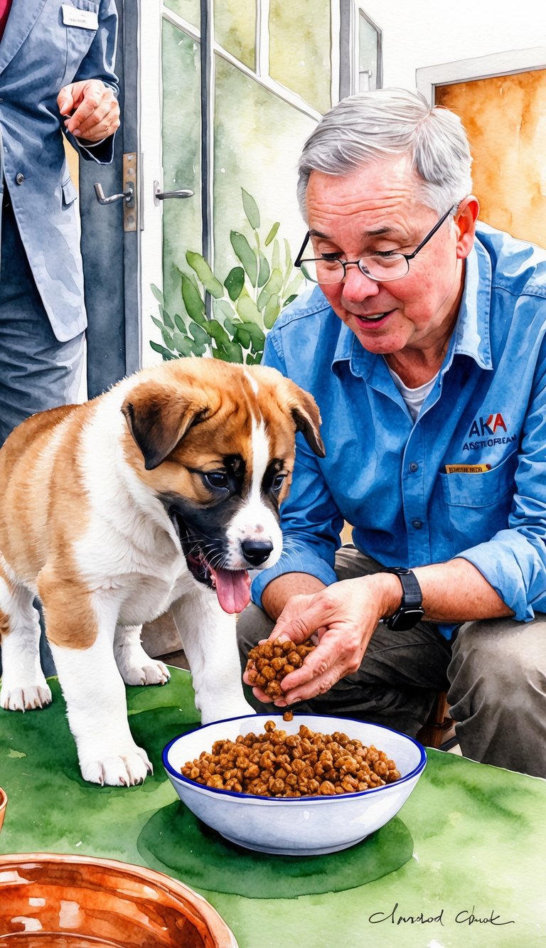 An American Akita puppy eagerly eats from a bowl of homemade food while a knowledgeable guide observes and offers guidance