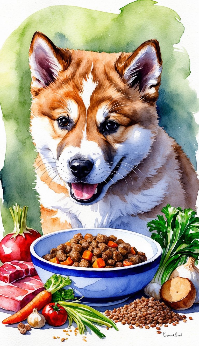 A smiling American Akita puppy eagerly eating from a bowl of homemade puppy food, surrounded by ingredients like meat, vegetables, and grains