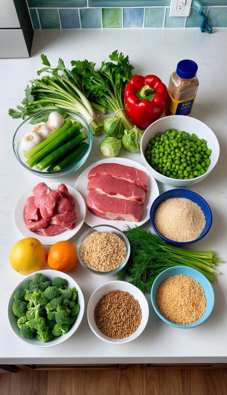A colorful array of fresh ingredients, including lean meat, vegetables, and grains, laid out on a clean kitchen counter for preparing homemade American Bulldog puppy food