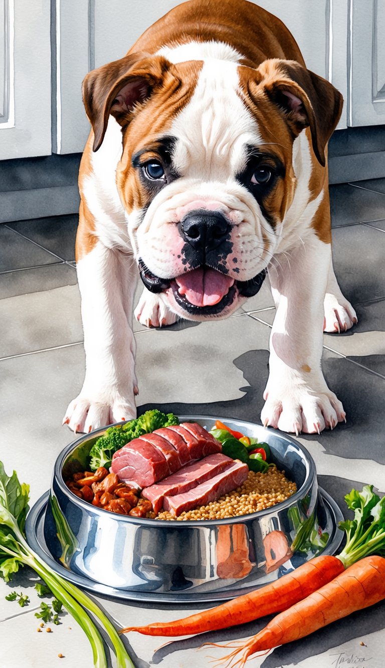 An American Bulldog puppy eagerly eats a homemade meal of fresh meat, vegetables, and grains from a stainless steel bowl on a clean kitchen floor