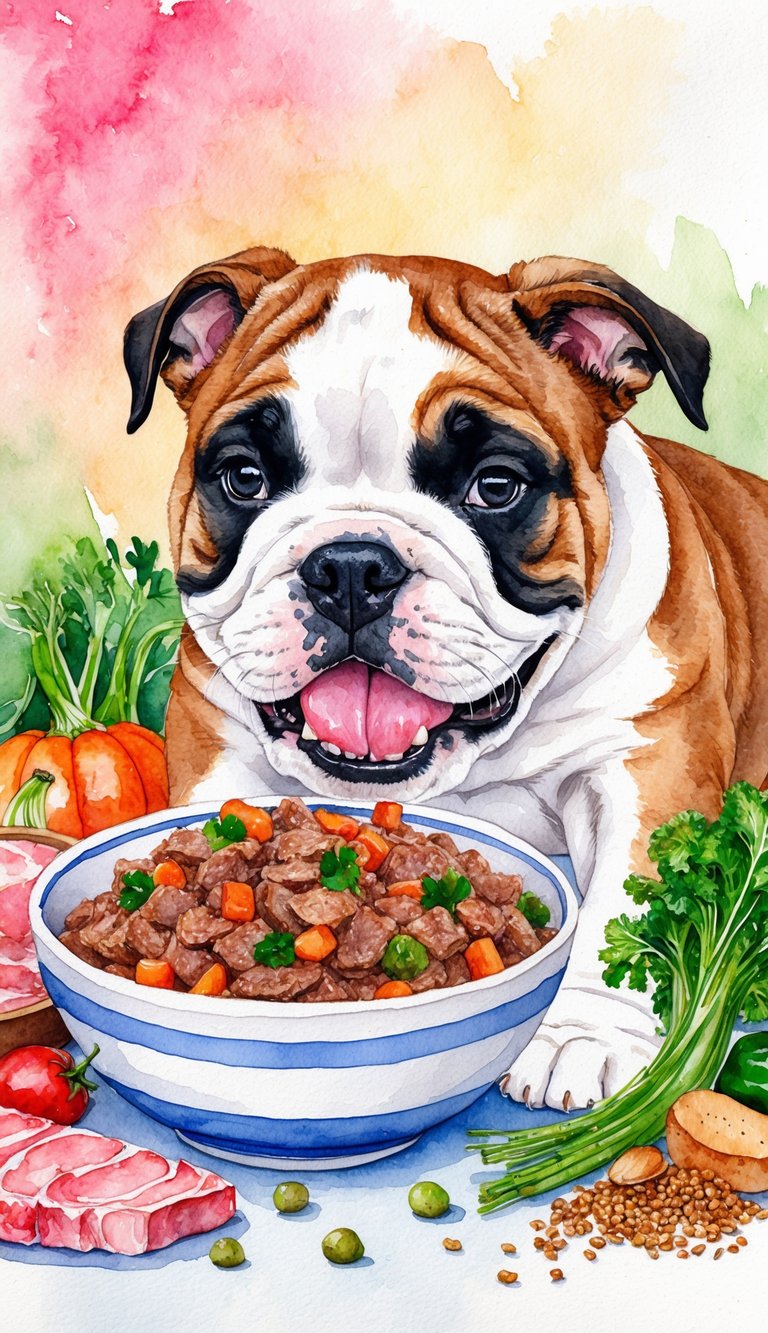 A happy American Bulldog puppy eagerly eating a bowl of homemade food, surrounded by fresh ingredients like lean meats, vegetables, and grains