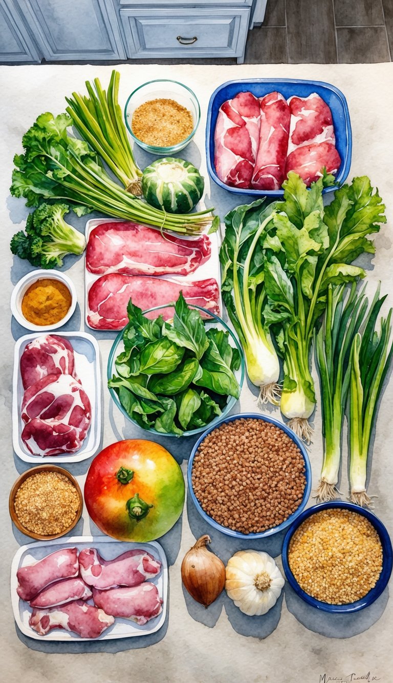 A variety of fresh meats, vegetables, and grains laid out on a kitchen counter, ready to be prepared into nutritionally complete homemade American Bulldog puppy food