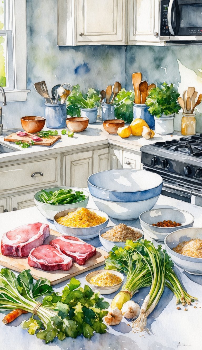 A kitchen counter with various ingredients such as meat, vegetables, and grains scattered around, along with mixing bowls and cooking utensils