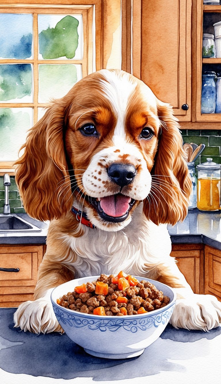 A smiling American Cocker Spaniel puppy eagerly eating a bowl of homemade food in a cozy kitchen