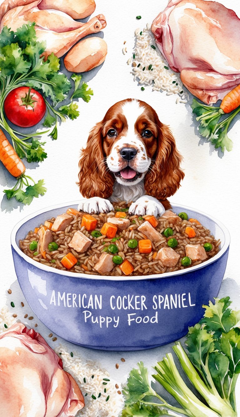 A bowl of homemade American Cocker Spaniel puppy food surrounded by fresh ingredients like chicken, rice, and vegetables, with a playful puppy eagerly awaiting its meal