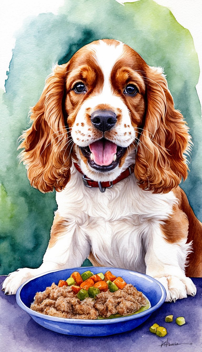A happy Cocker Spaniel puppy eagerly eating a homemade meal with balanced nutritional requirements