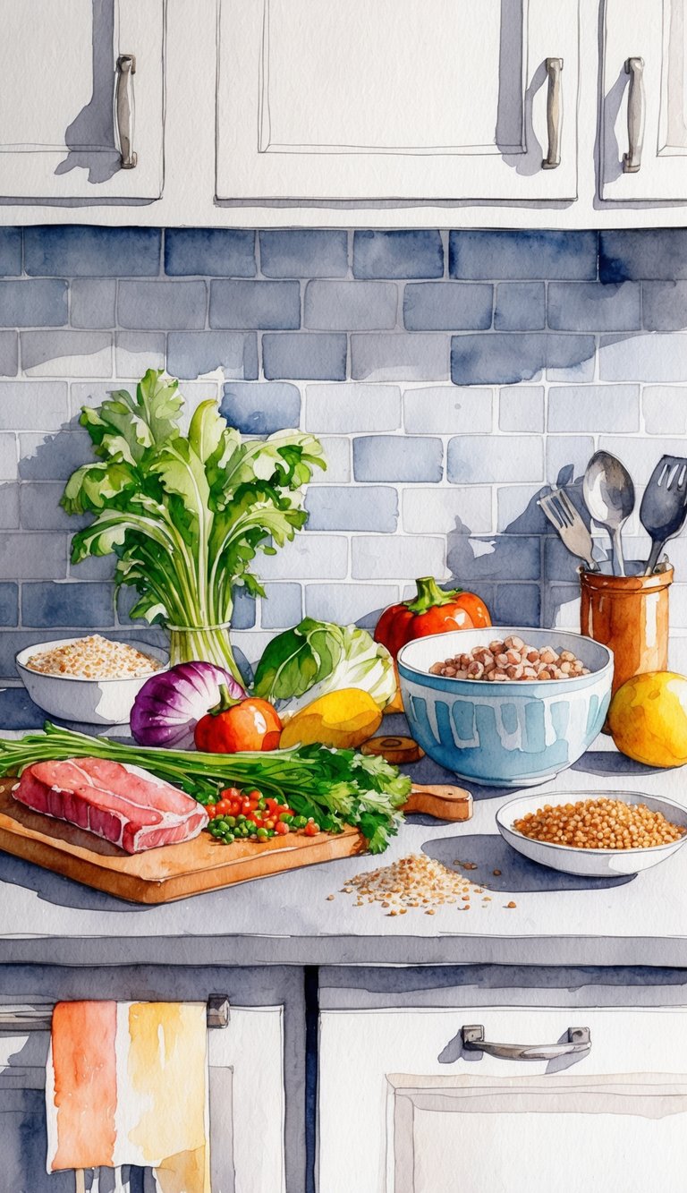 A kitchen counter with fresh ingredients like lean meat, vegetables, and grains, along with a mixing bowl and cooking utensils for homemade puppy food