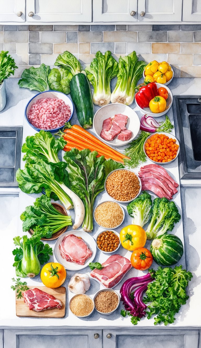 A colorful array of fresh vegetables, high-quality meats, and grains spread out on a clean kitchen counter, ready to be used in homemade American Cocker Spaniel puppy food