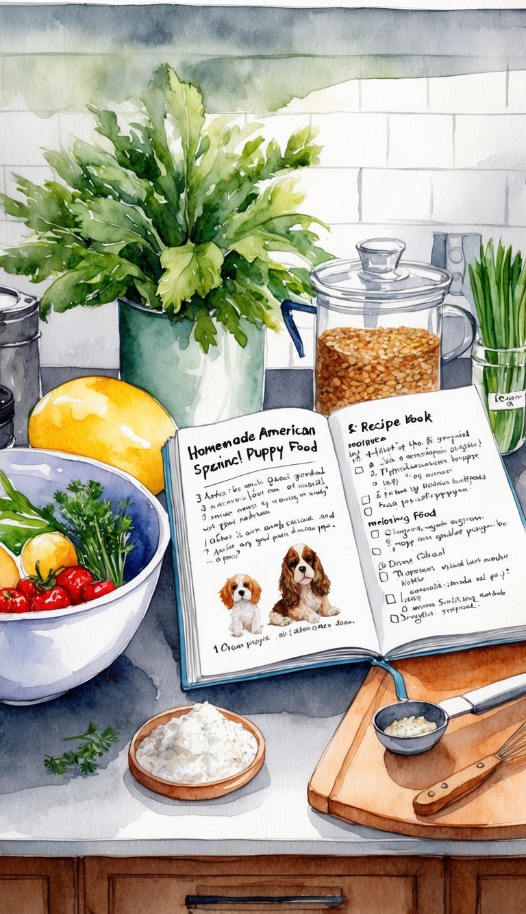 A kitchen counter with fresh ingredients, a mixing bowl, and a recipe book open to "Homemade American Cocker Spaniel Puppy Food."