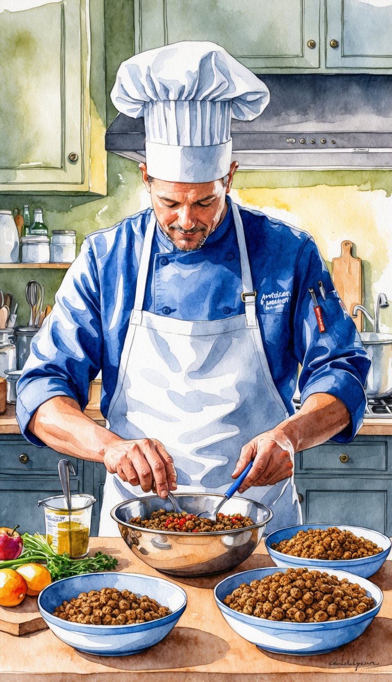 A chef prepares a large batch of homemade American Cocker Spaniel puppy food, using fresh ingredients and carefully measuring portions for adult and large-breed dogs